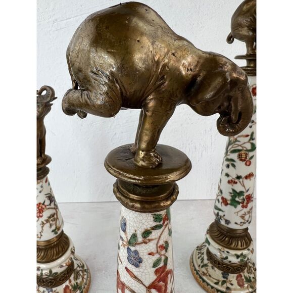 Vintage Chinoiserie Ceramic Obelisk Set 3 Brass Elephant Finials Famille Rose - Picture 12 of 16